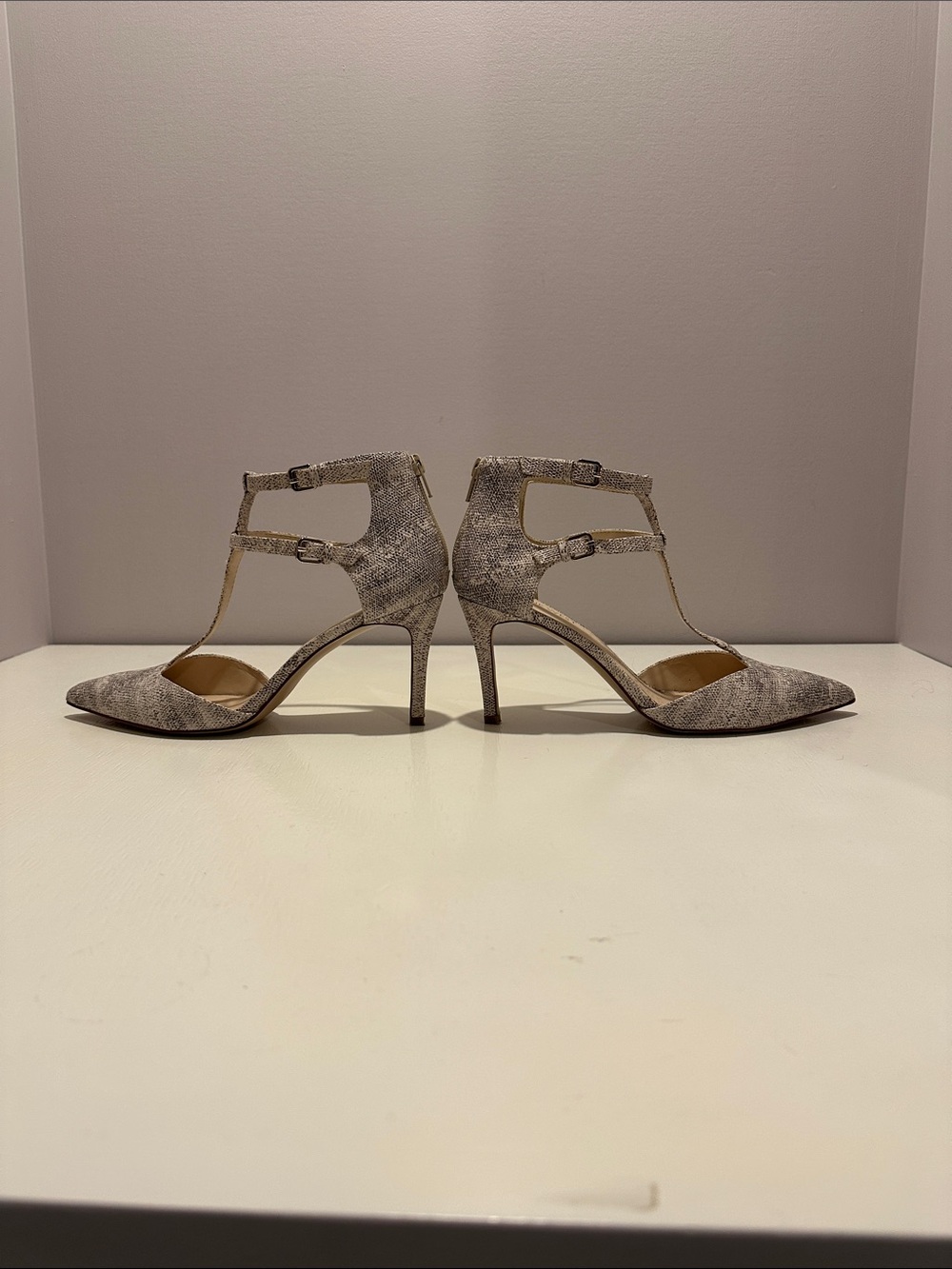 Nine West Pointed T‑Strap Heels in Light Taupe Snake Print